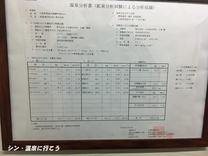 夢屋温泉　尾道みなと館　温泉分析書