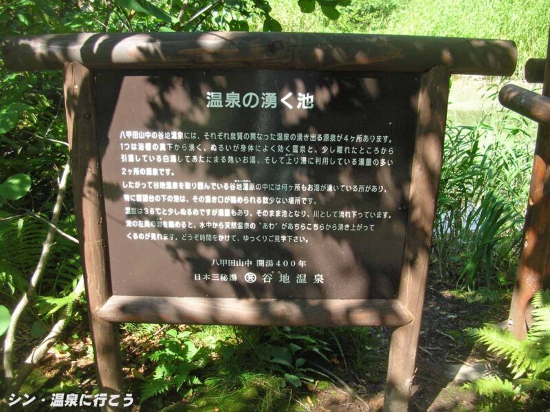 谷地温泉 温泉の湧く池の説明板